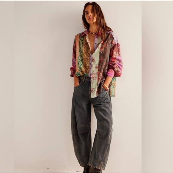Free People NWT Flower Patch Boho Mixed Print Cotton Button-Up Shirt size XS - Picture 5 of 14